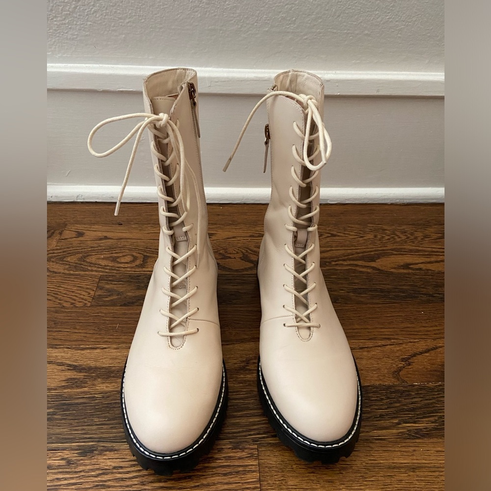 J. Crew off-white leather lace-up boots, size 9. Very good condition.